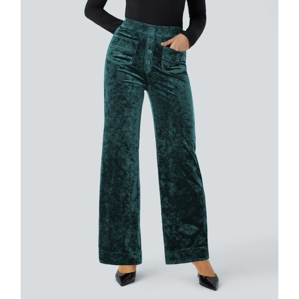 NWT Halara High Waisted Pockets Straight Leg Velvet Casual Pants‎ green small - Picture 3 of 16